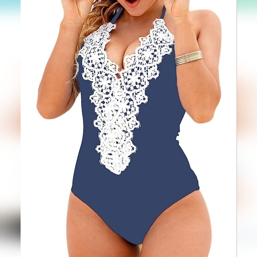 Blooming Jelly Womens One Piece Lace Tummy Control Halter Swimsuit